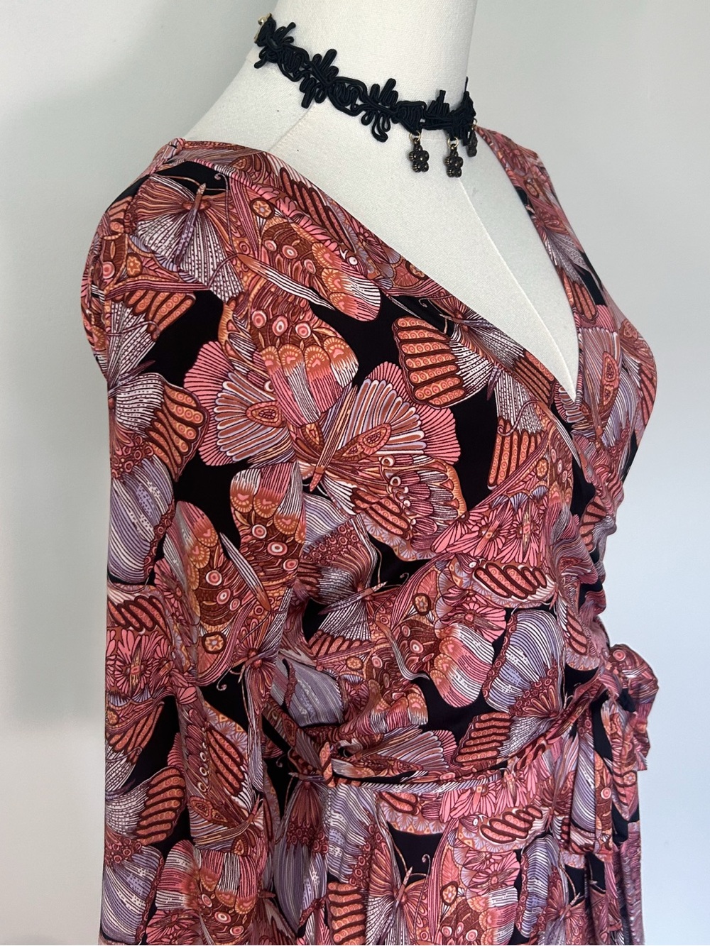 Pink Butterfly Print Whimsigoth Long Sleeve Wrap Style Mini Dress Medium - Picture 5 of 7